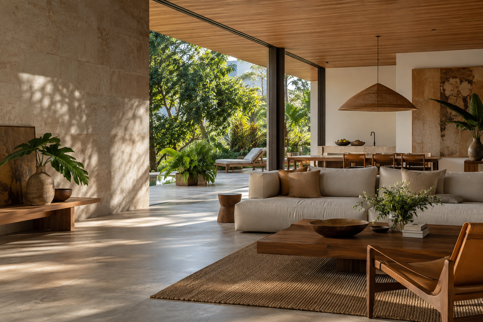 Interior de inspiração com madeira, pedra natural e integração com o jardim